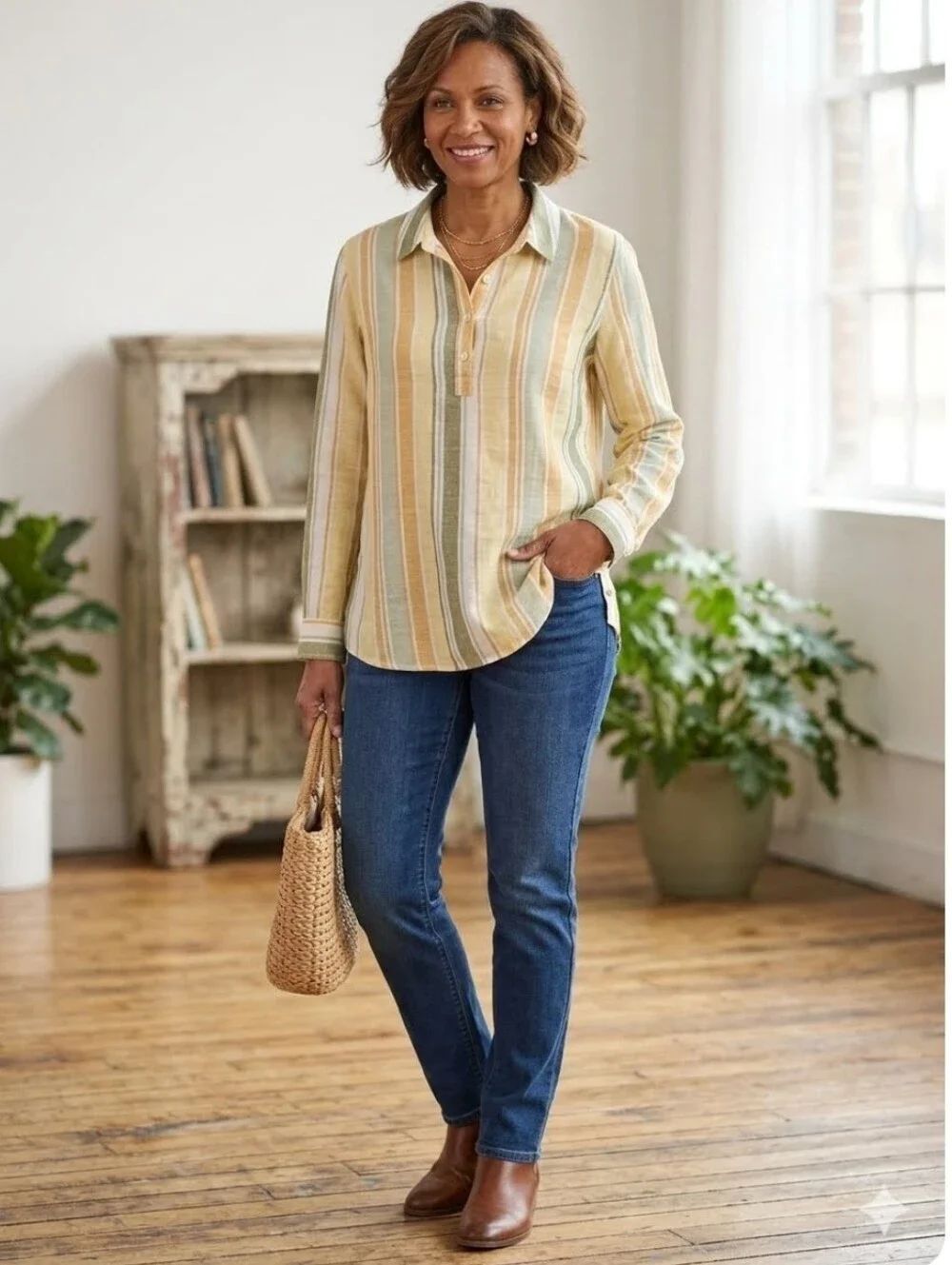Croft & Barrow M Linen Blend Striped Popover RollUp Slv 4 ButtonsTunic Shirt